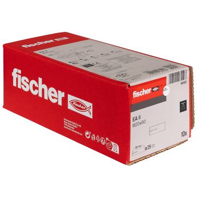 Scatola rossa Fischer di ancore Fischer EA II M20x80, etichettata 10x, mostrata su sfondo bianco.