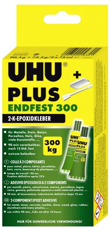 'Confezione di cartone di UHU Plus Endfest 300, un adesivo epossidico bicomponente. Resistente fino a 300 kg, adatto per metalli e plastiche.'