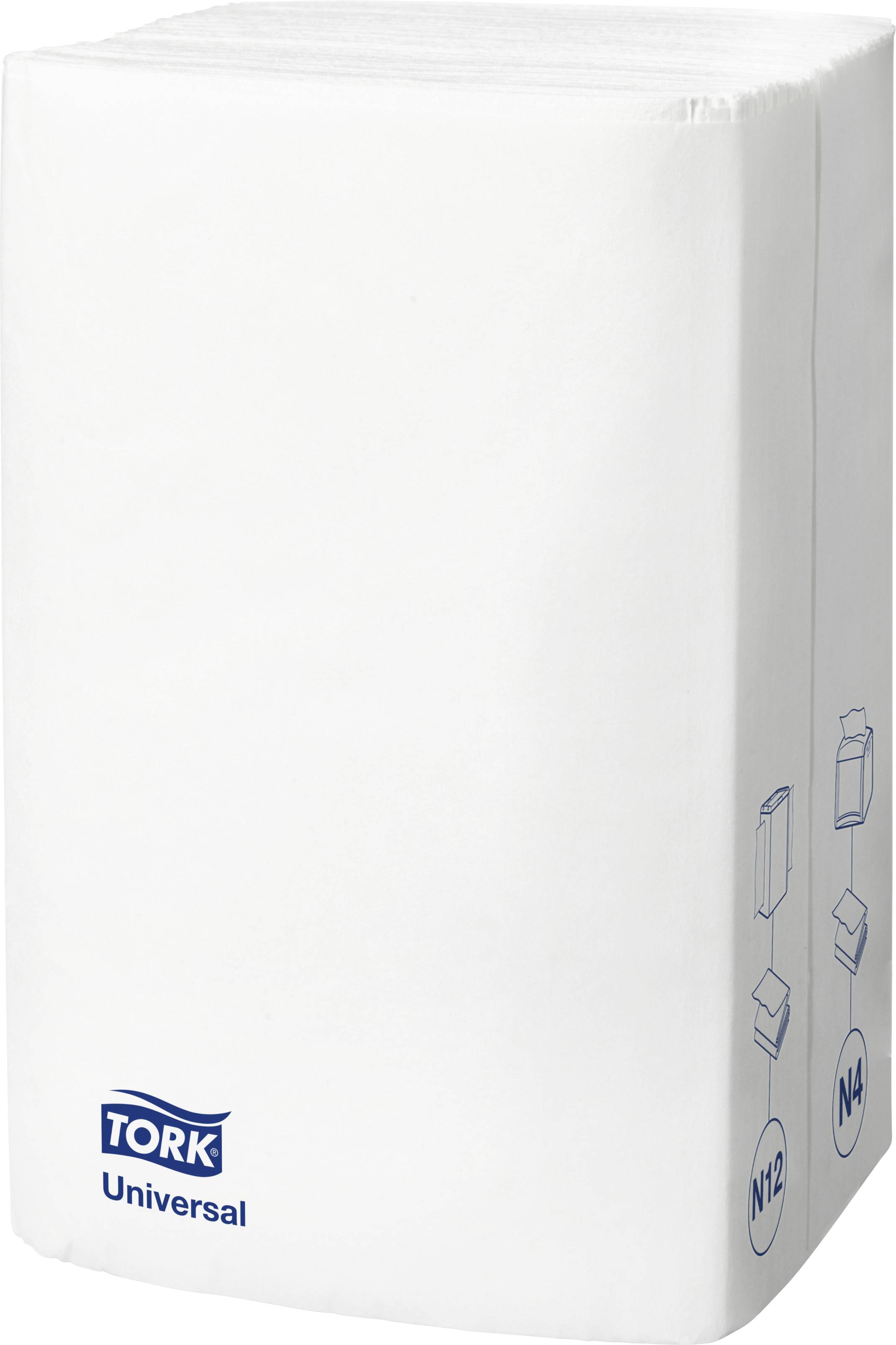 Pila di asciugamani di carta Tork Universal, in colore bianco. In basso a sinistra è presente il logo Tork. A destra, simboli per asciugamani piegati.