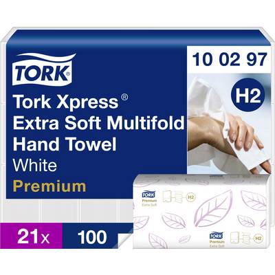 Tork Xpress Extra Soft Multifold Hand Towel, Bianco, Premium, H2; la confezione mostra 21x e 100 fogli, codice prodotto 10 02 97.