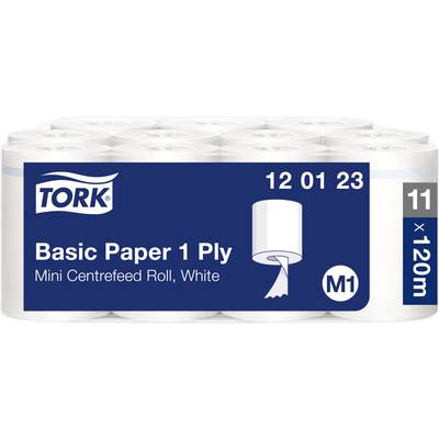 'Confezione di Tork Basic Paper Rotolo Centrefeed Monostrato Mini Bianco, 11 rotoli, ciascuno da 120 metri. Numero prodotto M1, adatto per uso commerciale.'