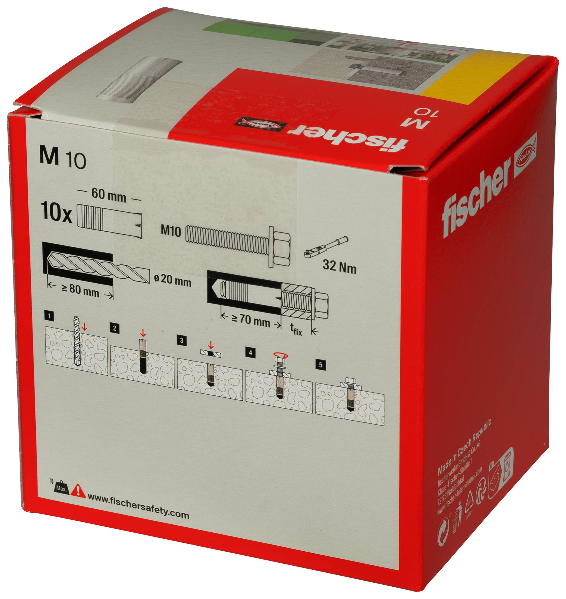 Kit di ancore Red Fischer M10 in scatola mostrando un set di 10 pezzi con profondità di perforazione, dimensione bullone e passaggi di installazione illustrati sulla parte anteriore.