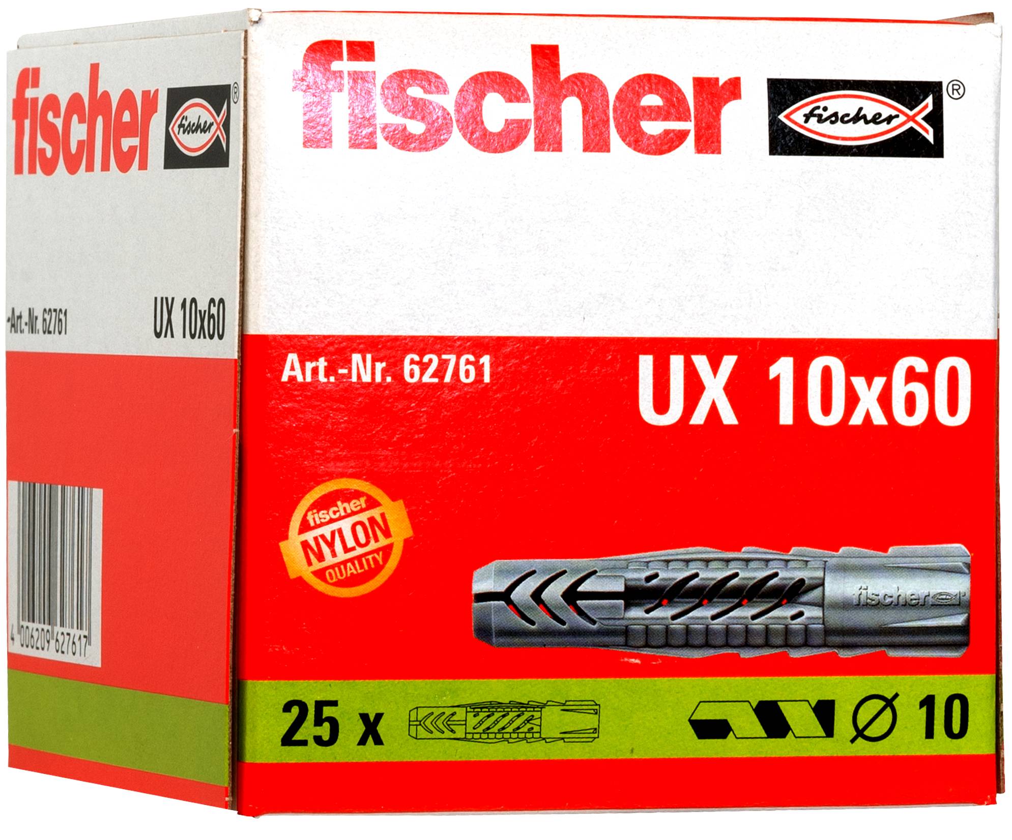 Confezione di tasselli a muro Fischer UX 10x60, che mostra 25 pezzi e l'immagine del prodotto su una scatola rossa, bianca e verde.