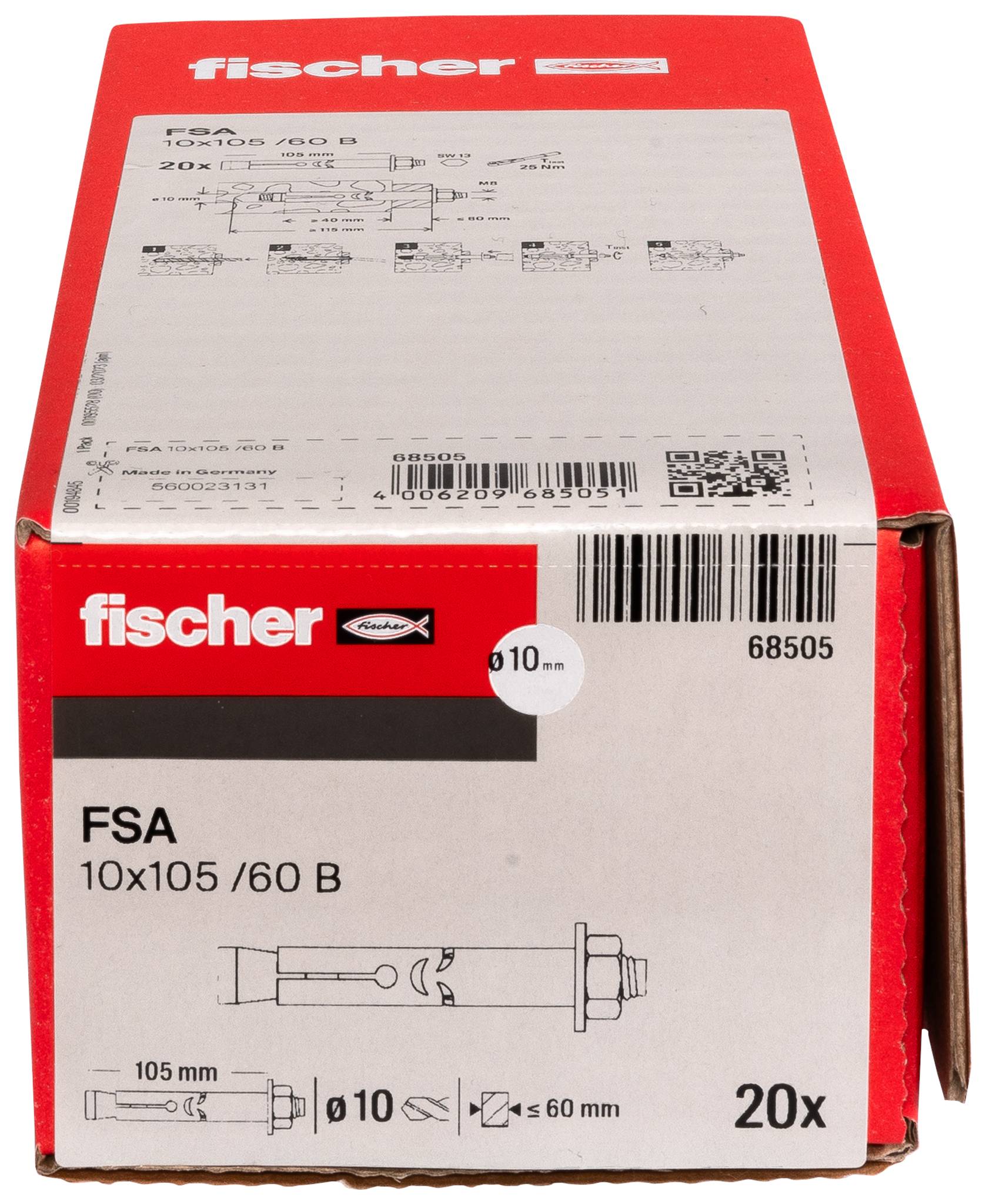 Scatola rossa Fischer di ancoraggi FSA 10x105/60 B, etichettata 20x con diagramma del prodotto e codice a barre.