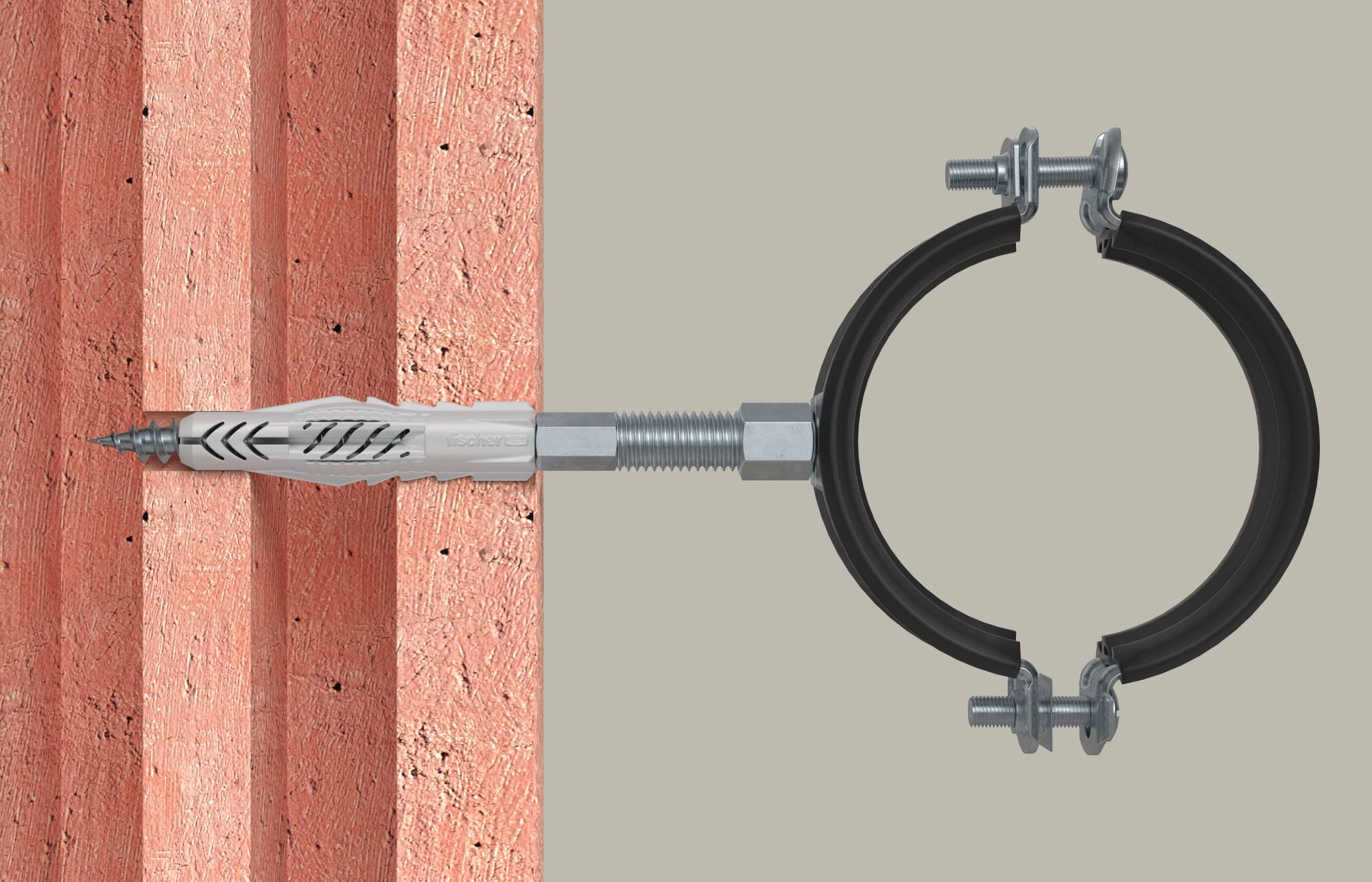 Fascetta per tubo ancorata a una parete con vite e tassello, mostrata in vista laterale su uno sfondo neutro.