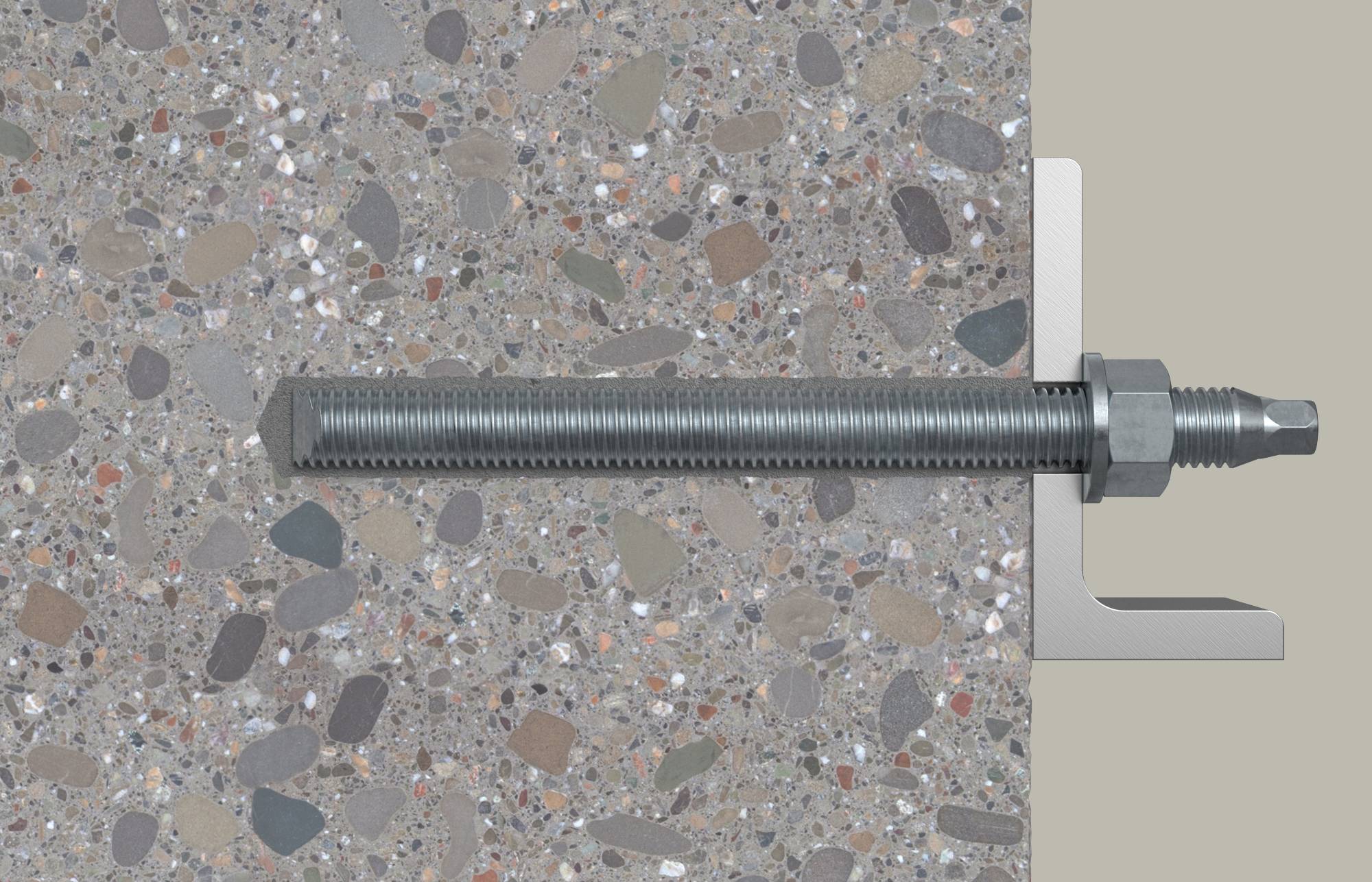 Bullone di ancoraggio in acciaio incorporato nel calcestruzzo, che si estende attraverso una piastra sulla destra con dado e estremità filettata visibili.