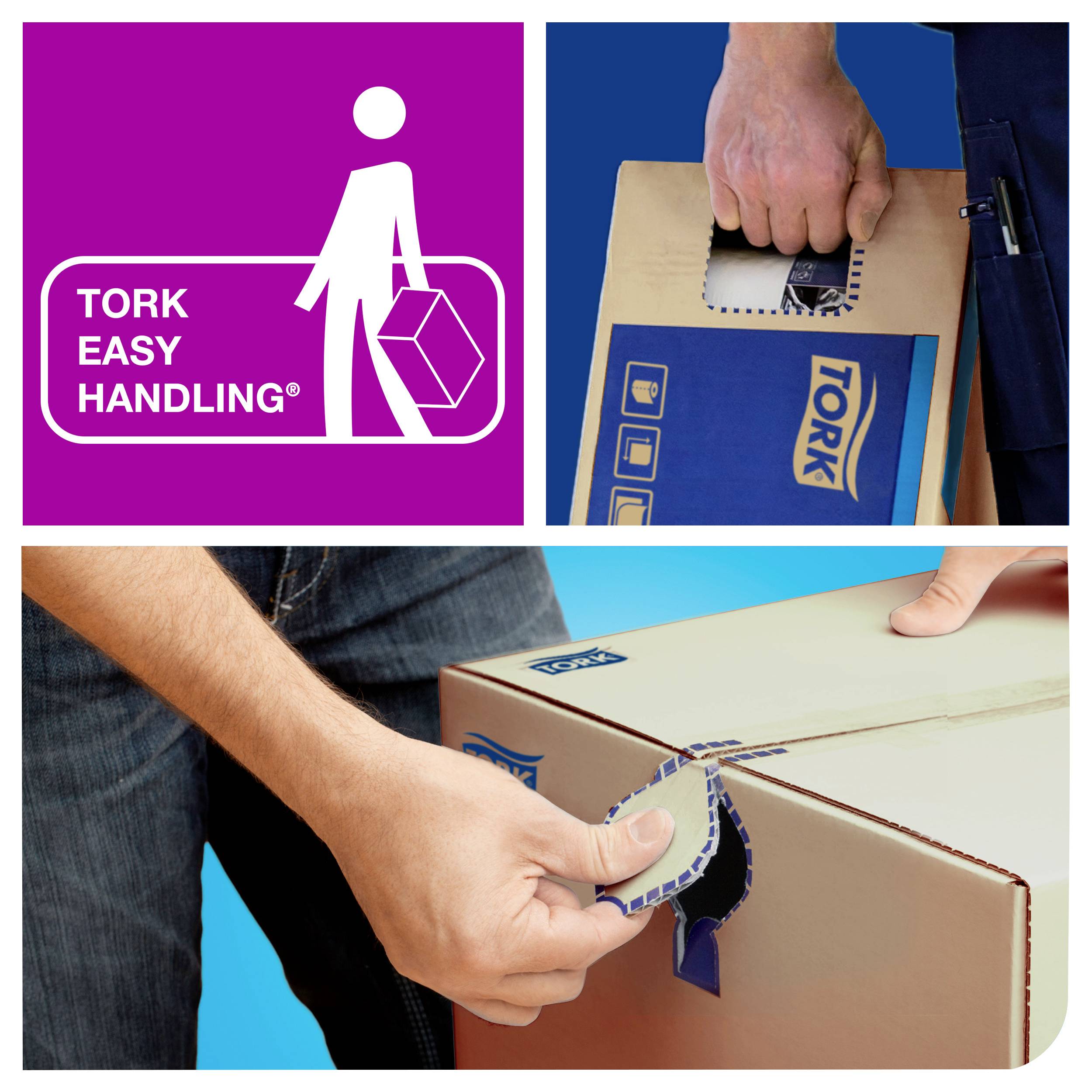 'Tre immagini mostrano le confezioni Tork Easy Handling: Trasportare con una mano, Aprire con un leggero tirare la linguetta perforata.'