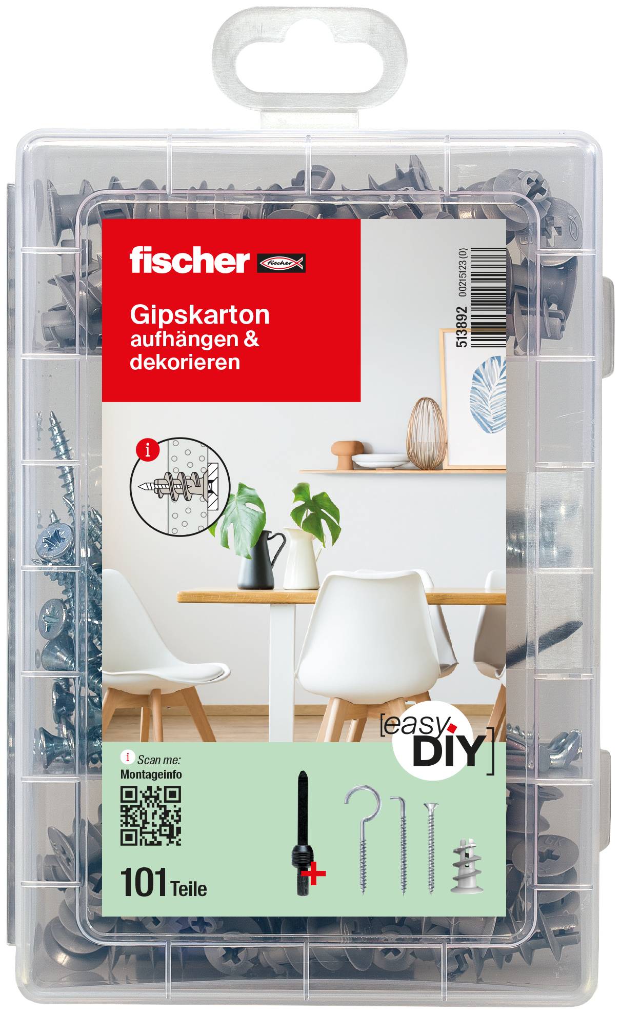 Confezione di tasselli per cartongesso Fischer e ferramenta per appendere/decorare in un contenitore di plastica trasparente, etichettata 'Gipskarton aufhängen & dekorieren' con '101 Teile' e icone di attrezzi fai da te.