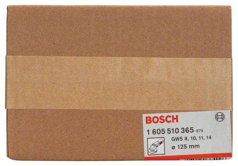 Scatola di cartone con etichetta Bosch, che mostra il tipo di prodotto '1 605 510 365' e i modelli applicabili 'GWS 8, 10, 11, 14' con dimensione di 125 mm.