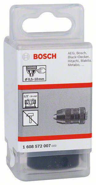 Un imballaggio Bosch mostra un mandrino con capacità di serraggio 0,5-10 mm e 1/2"-20 UNF. Compatibile con diversi marchi di trapani.