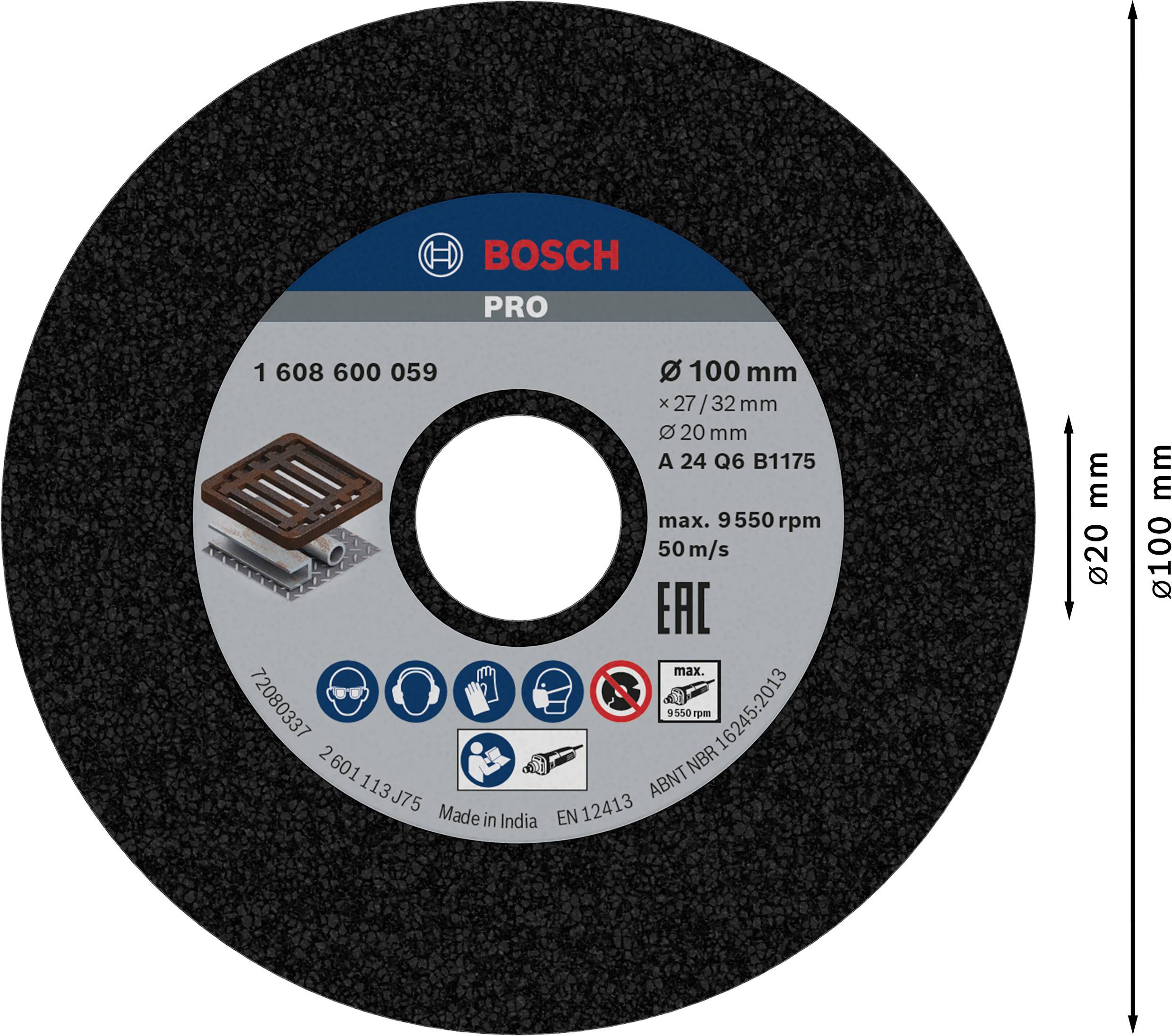Disco abrasivo Bosch, diametro 100 mm, per lavorazione metalli; velocità massima 9550 giri/min; include istruzioni di sicurezza e d'uso.