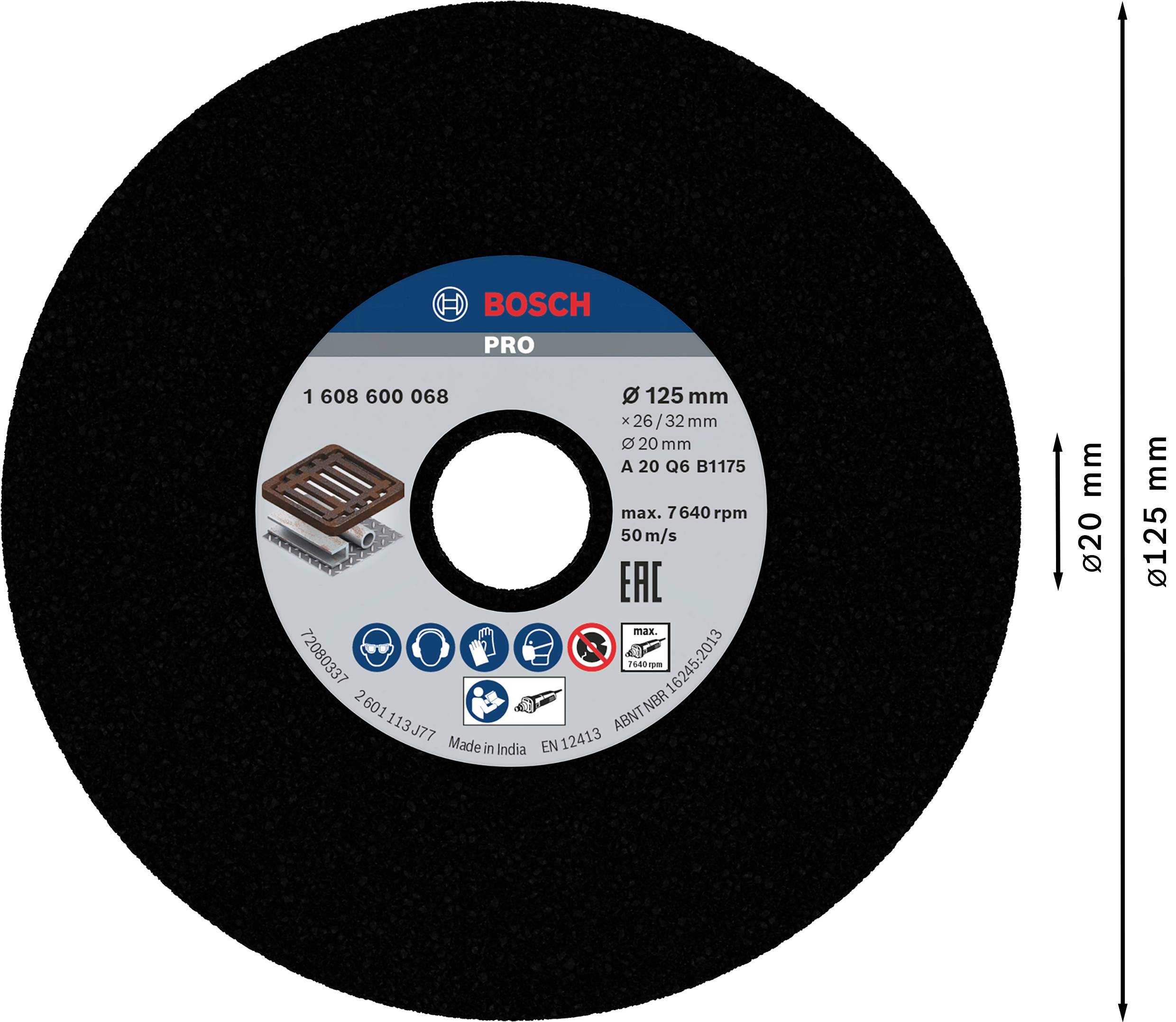 Disco abrasivo 'BOSCH PRO' con Ø 125 mm per lavorazione metalli. Massimo 7640 giri/min, 50 m/s. Foro centrale Ø 22,23 mm.