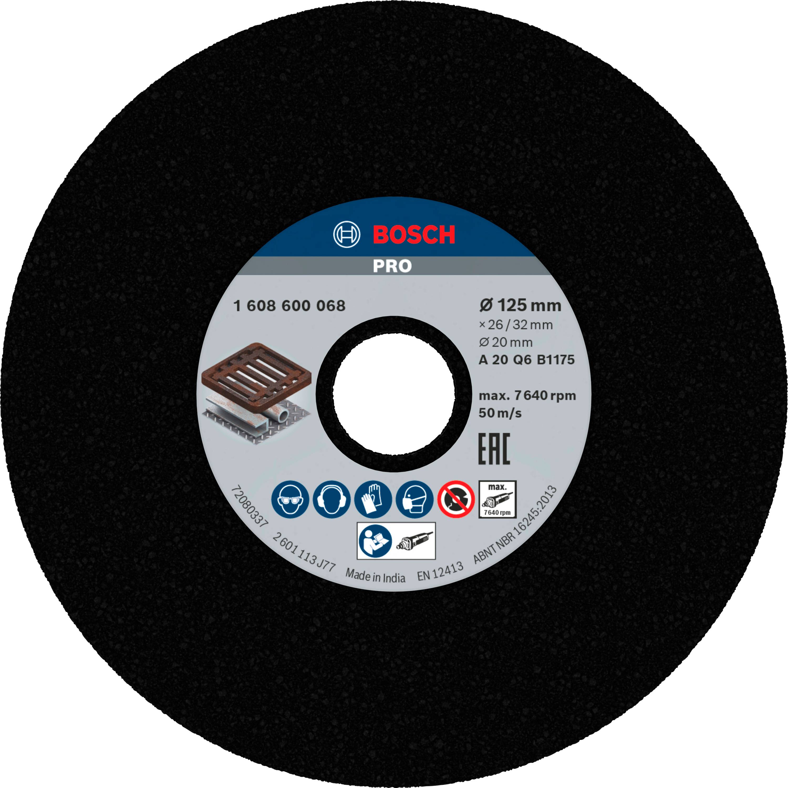 Disco da taglio Bosch con le seguenti specifiche: diametro 125 mm, spessore 26/32 mm, velocità massima 7640 giri/min. Adatto per la lavorazione dei metalli.