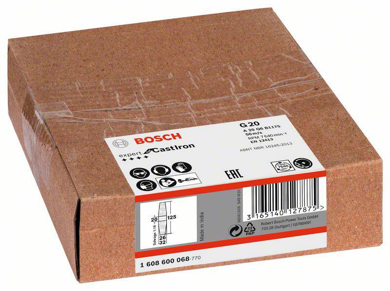 Scatola Bosch G-20 per dischi da taglio, con dettagli del prodotto sull'etichetta, confezione color marrone rossastro, idonea per il taglio dei metalli.