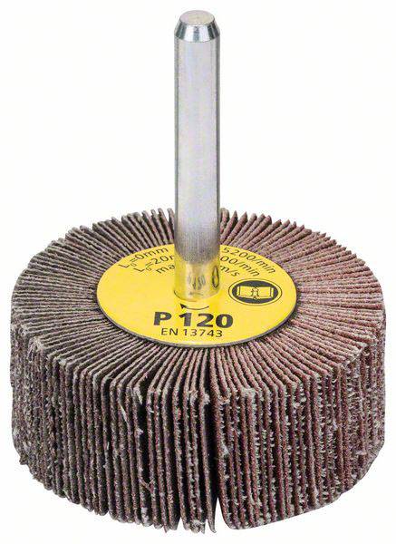 Disco abrasiva con manico in metallo, contrassegnata con 'P120'. Presenta lamelle abrasive disposte radialmente per la lavorazione superficiale.