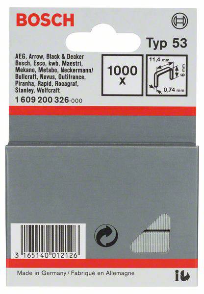 'Bosch Tipo 53, 1000 graffette, 11,4 x 6 mm, compatibili con diversi marchi come Black & Decker, Stanley. Prodotte in Germania.'