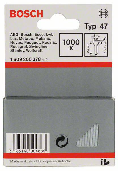 Confezione di graffette Bosch tipo 47. Compatibili con marchi come AEG, Metabo, ecc. Dimensioni 23 mm x 1,8 mm, 1000 pezzi.