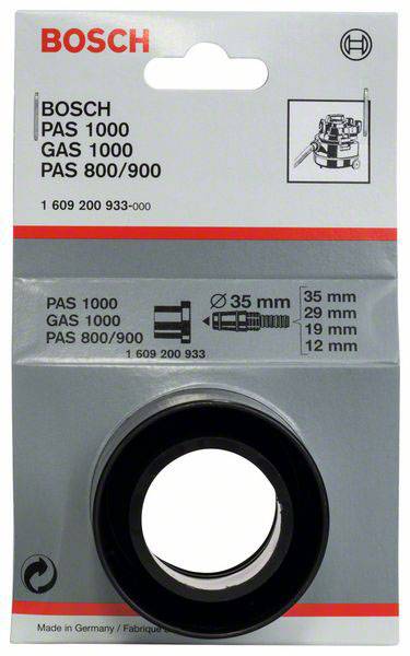 'Accessori Bosch per aspirapolvere', Adattatore per vari modelli Bosch. Misure: 35 mm, 29 mm, 19 mm, 12 mm. La confezione contiene dettagli sulla compatibilità.