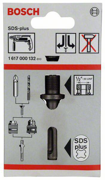 Confezione di un adattatore SDS-plus Bosch con grafiche relative all'applicazione, specifiche tecniche e istruzioni per l'uso con un trapano.