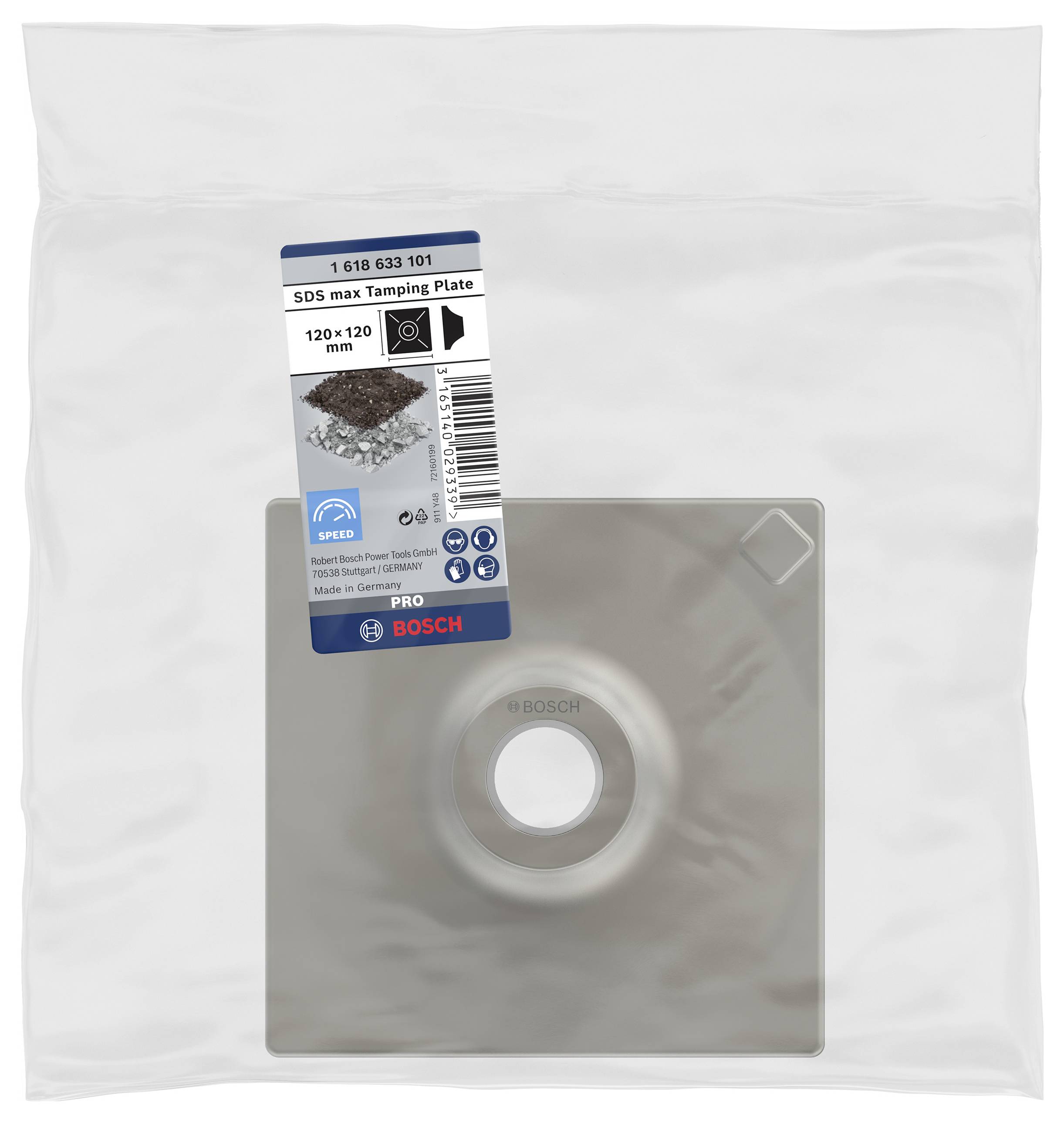 Piastra di compattazione Bosch SDS max confezionata, 120x120 mm, plastica trasparente, quadrata, per attrezzature edili, etichetta superiore con dettagli del prodotto.
