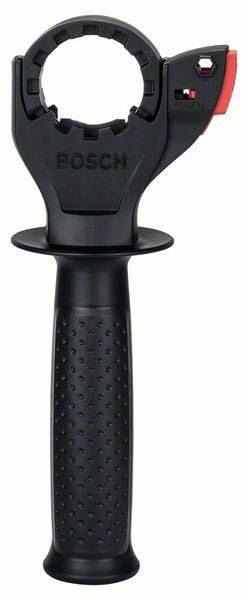 Impugnatura BOSCH 'Auxiliary Handle' con manico nero zigrinato e anello di montaggio, adatta per stabilizzare utensili elettrici.