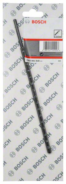 Ricambio Bosch in confezione, probabilmente una lama da sega, su sfondo stampato con logo Bosch. Codici a barre e testo visibili.
