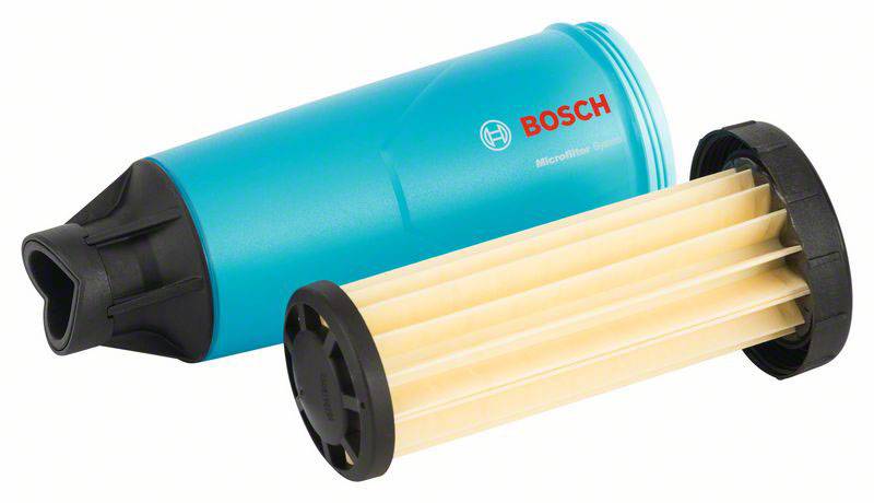 Due componenti per auto: un filtro cilindrico con lamelle gialle e un involucro blu con il logo 'Bosch', per motori di veicoli.