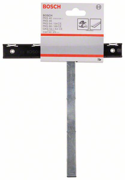 Una guida in metallo con confezione Bosch. Adatta per modelli PKS e GKS. La confezione mostra immagini di applicazione e numero di prodotto.