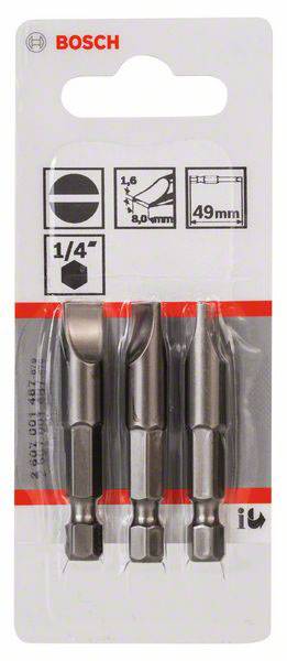 Tre punte per trapano Bosch su blister: taglio frontale, indicazione di dimensione '1/4'', 49mm'. Idoneità per diverse applicazioni suggerita.
