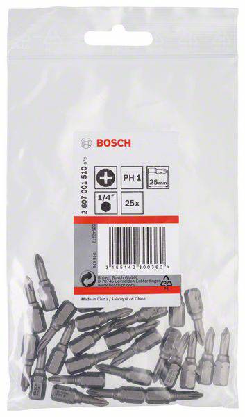 Confezione in plastica con set di bit Bosch, 25 pezzi, misura PH1, attacco da 1/4", per lavori di avvitatura.