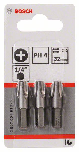 Tre punte per avvitatore Bosch PH 4, 32 mm, su una confezione con logo del produttore e informazioni sul prodotto.