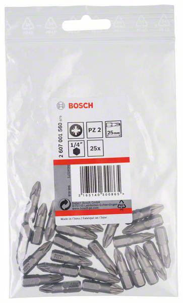 Una confezione da 25 bit per avvitatore Bosch, tipo PZ 2, per utensili da 1/4 di pollice, in una busta di plastica trasparente.
