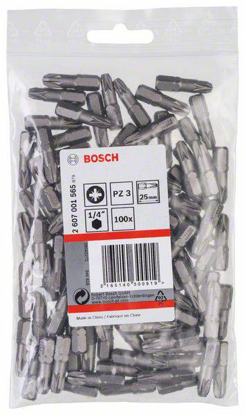 'Un sacchetto con 100 punte per cacciavite Bosch, misura PZ3, lunghezza 25 mm, attacco 1/4 di pollice. Prodotto in Cina.'