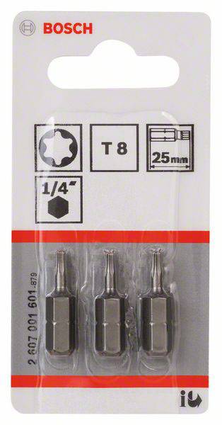 Un set di tre inserti per cacciavite Bosch Torx T8, ciascuno lungo 25 mm, in confezione blister trasparente, per attacco da 1/4 di pollice.