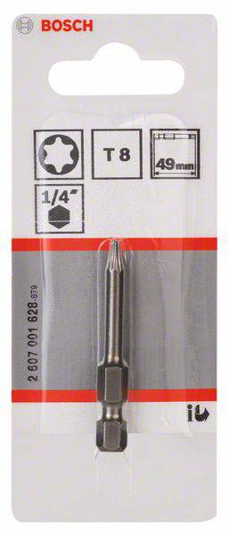 'Bit Torx T8 Bosch, attacco 1/4 di pollice esagonale, lunghezza 49 mm, per avvitatura precisa, confezionato in blister.'