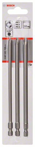 Tre inserti per cacciavite Bosch in una confezione, adatti per viti PH1, PH2, PH3, lunghezza 152 mm, colore grigio.