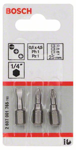 Tre inserti per cacciavite Bosch in una confezione. Tipi: taglio dritto, Phillips PH1, Pozidriv PZ1. Lunghezza: 25 mm.