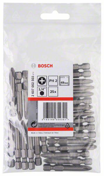 Confezione da 25 inserti per cacciavite Bosch, PH2, lunghezza 49 mm, compatibili con attacchi da 1/4". Prodotto in Cina.