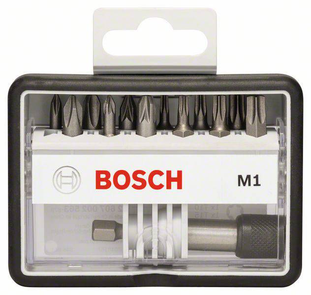 Set di bit Bosch, modello M1, in una scatola trasparente. Contiene diversi bit in metallo per lavori di avvitamento, incluso un portabit.