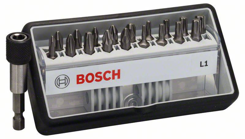 Un set di bit Bosch con diversi inserti per avvitare in una scatola trasparente, accanto a un singolo portabit.