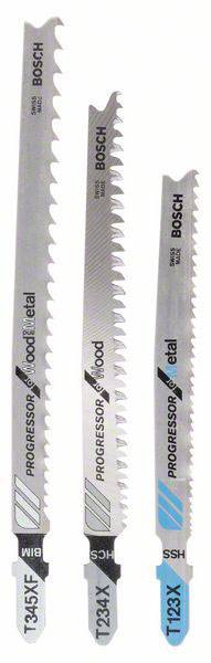 Tre lame per seghetto alternativo Bosch in metallo, ciascuna con dentatura diversa per materiali differenti: legno e metallo.
