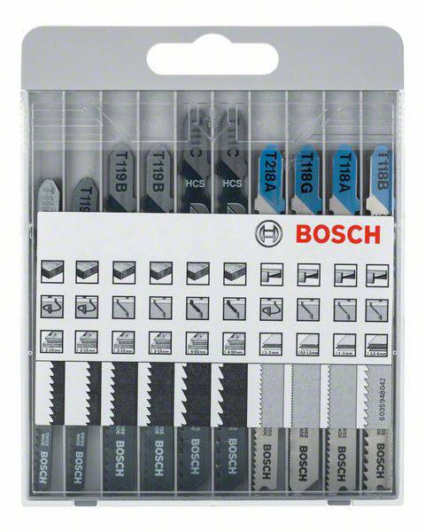 Confezione di diverse lame per seghetto alternativo Bosch, ciascuna contrassegnata con simboli per l'utilizzo su legno e metallo.