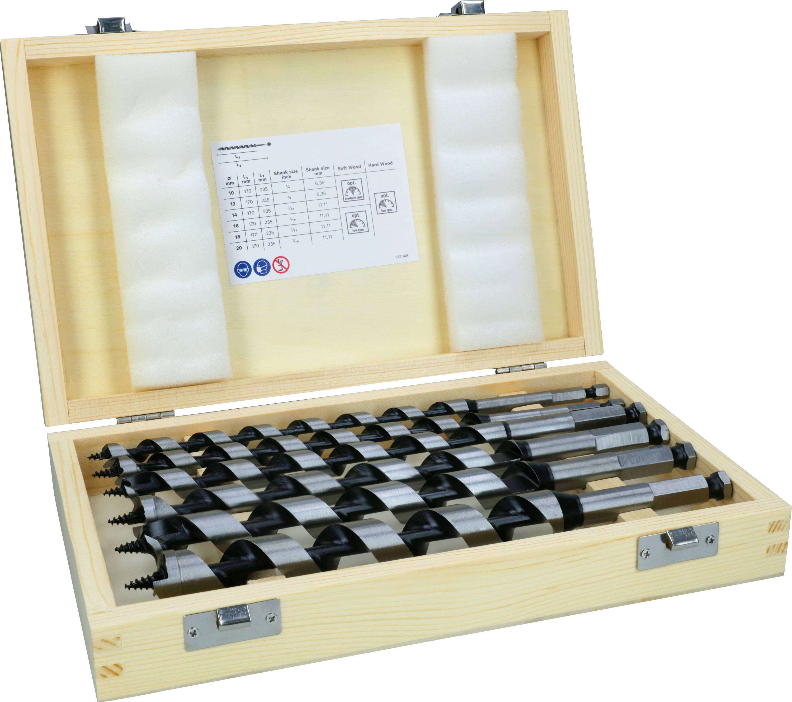Scatola di legno con coperchio aperto, contiene sette grandi punte inserite in apposite fessure. Un'etichetta all'interno del coperchio mostra le dimensioni e i simboli.