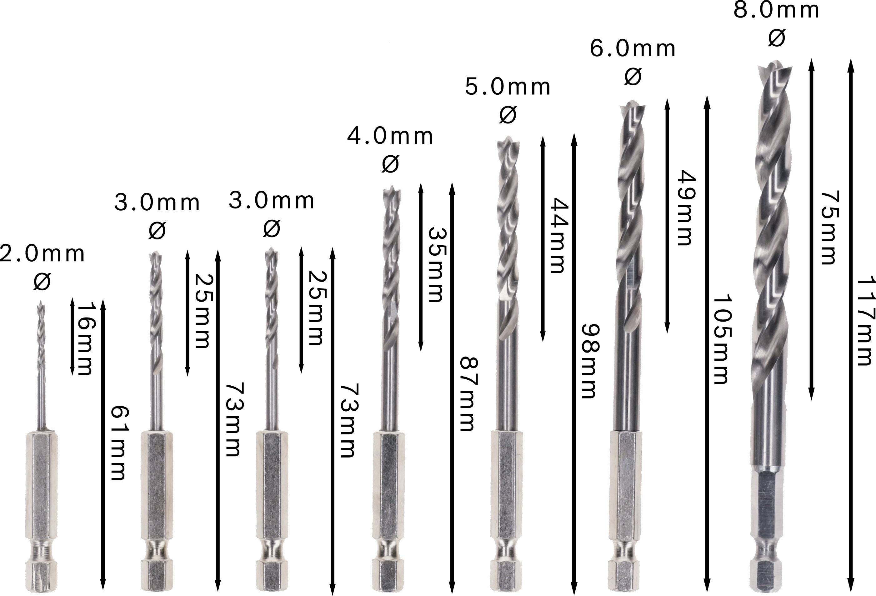 Una serie di punte da trapano di varie dimensioni, da 2,0 mm a 8,0 mm di diametro, con le corrispondenti indicazioni di lunghezza.