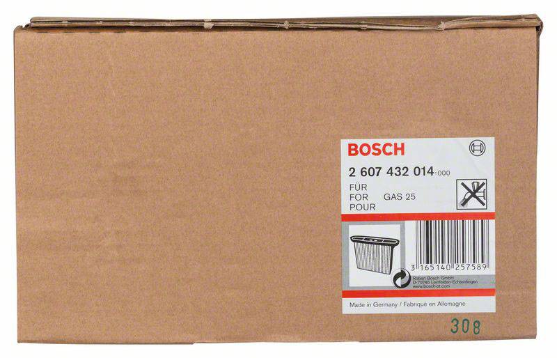 Un cartone marrone con un'etichetta: 'Bosch 2 607 432 014', compatibile con GAS 25. Disegno di un sacchetto per aspirapolvere.