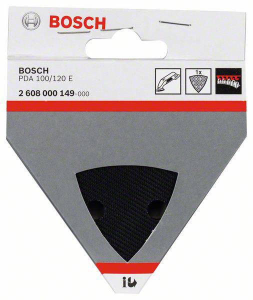 Confezione di un pad abrasivo BOSCH, modello PDA 100/120 E, con illustrazioni di utilizzo in alto a destra.