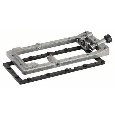 Un telaio metallico per trapanatura con manopola di regolazione e morsetti a vite, utilizzato per l'allineamento preciso durante la foratura di superfici.