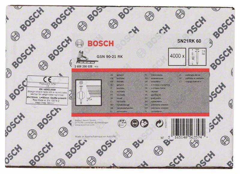 Un cartone Bosch con informazioni e un grafico relativo a chiodi e specifiche, comprensivo di misure, numero di modello e codice a barre.