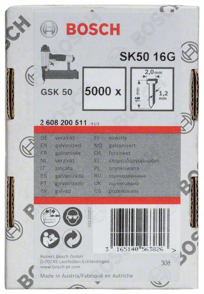 Confezione per chiodi Bosch SK50 16G. Mostra un fissatrice e il tipo di chiodi. Contiene il codice 'GSK 50', quantità '5000 x', informazioni sulle dimensioni e indirizzo di contatto.