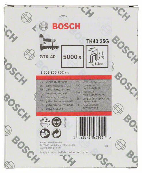 Cartone 'Bosch' di graffette modello GTK 40, 5000 pezzi. Contiene indicazioni di dimensione e simboli di sicurezza.